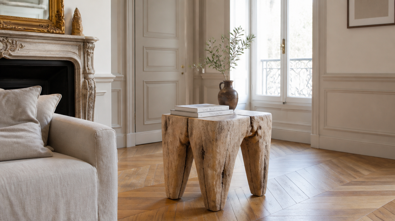 Bout de canapé en bois brut naturel – table d'appoint rustique pour salon nature