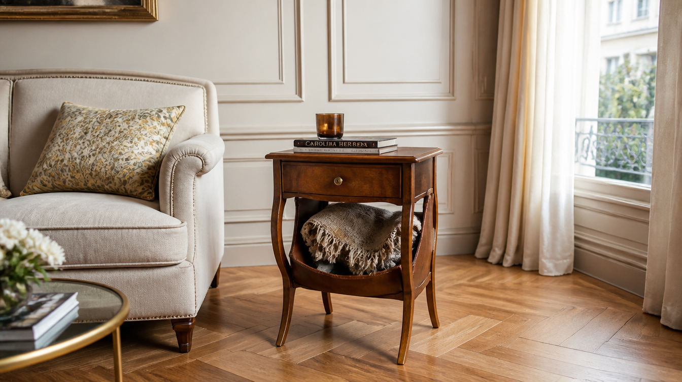 Bout de canapé rangement plaid – table d'appoint avec espace pour plaid et coussins
