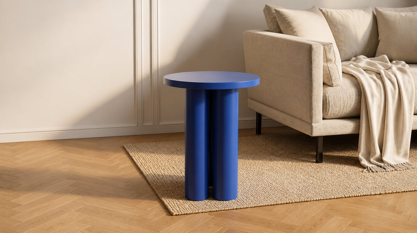 Bout de canapé bleu design – table d'appoint bleue pour salon coloré moderne
