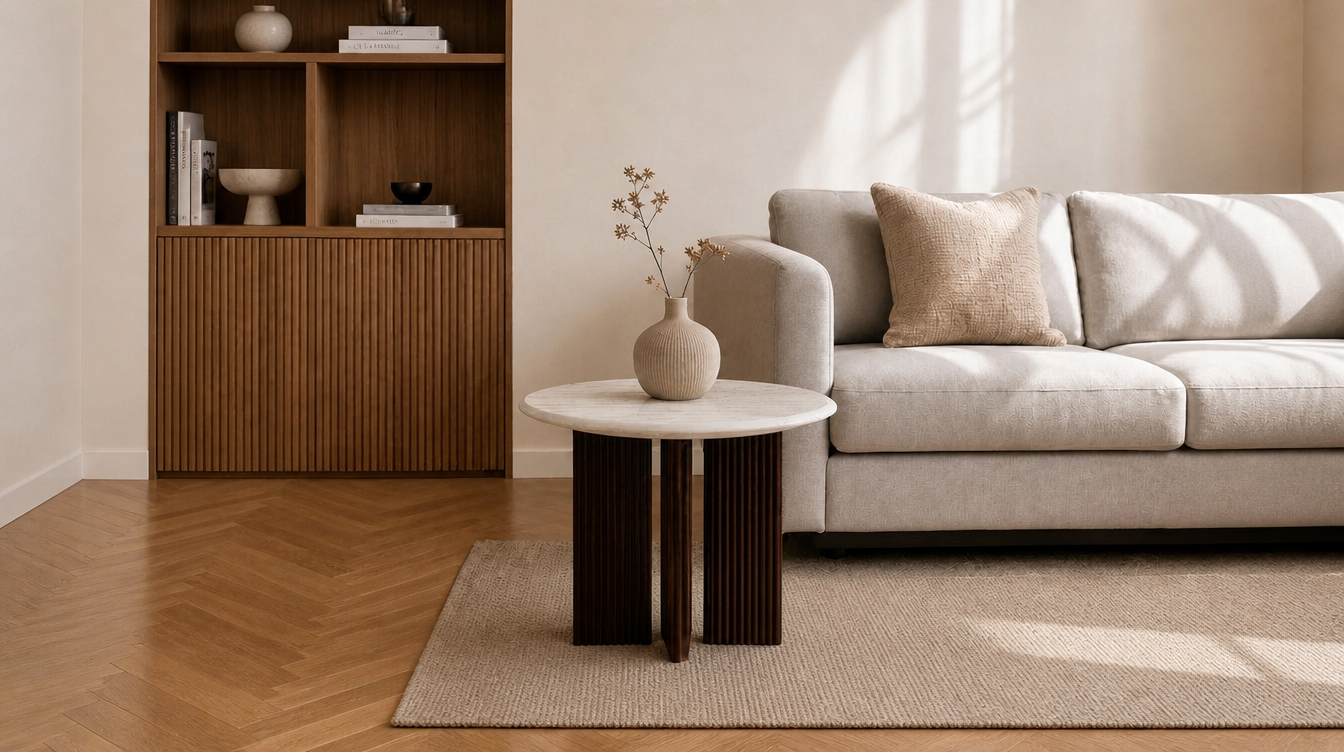 Bout de canapé japandi épuré – table d'appoint style japandi pour salon minimaliste