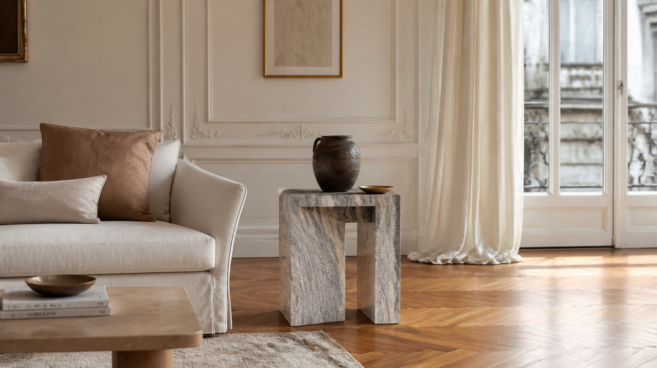 Bout de canapé en pierre naturelle – table d'appoint pierre pour salon luxueux
