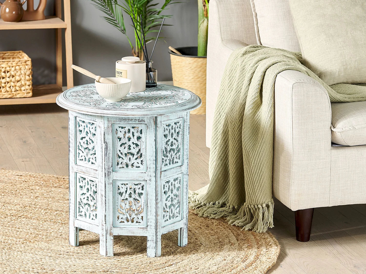 Bout de canapé rond manguier bleu vintage – FLOREA