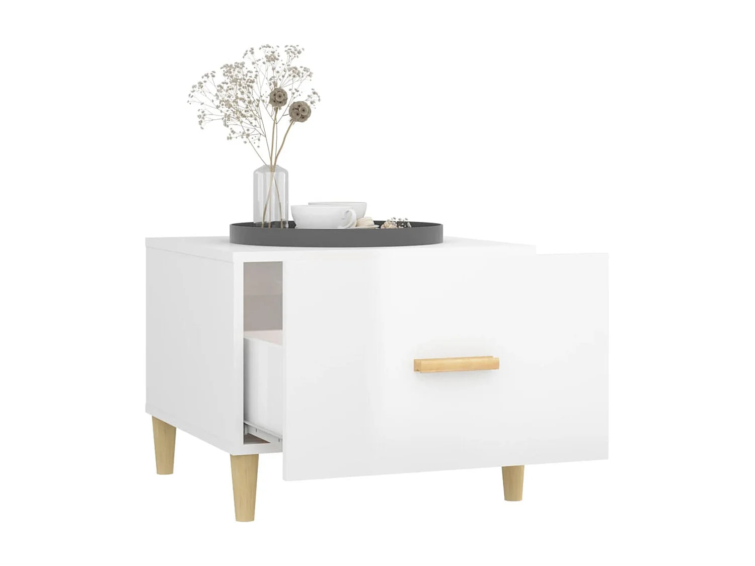 Bout de canapé blanc brillant avec tiroir en bois – NIVEO
