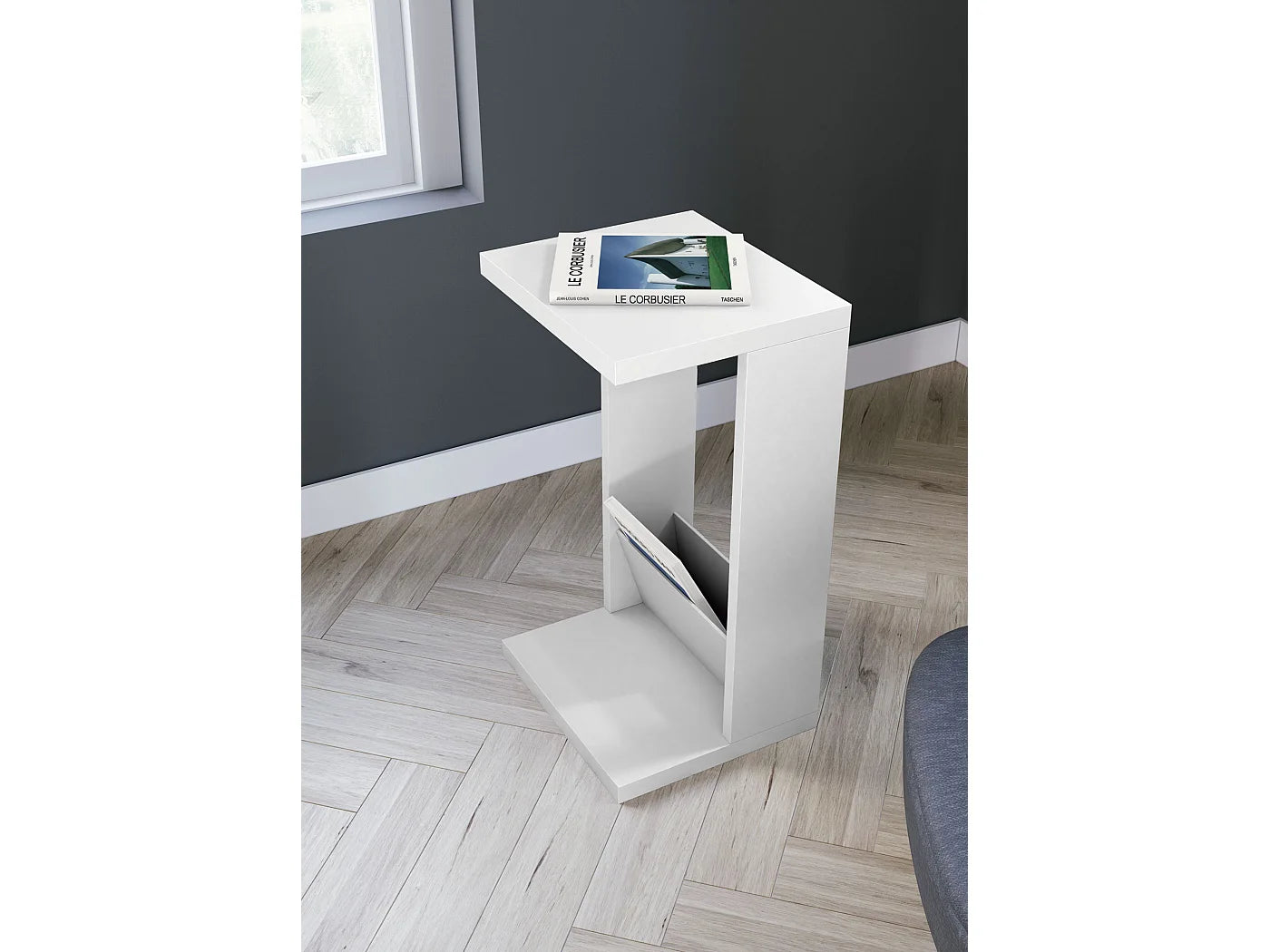 Bout de canapé guéridon haut blanc porte-revues – ALBEA