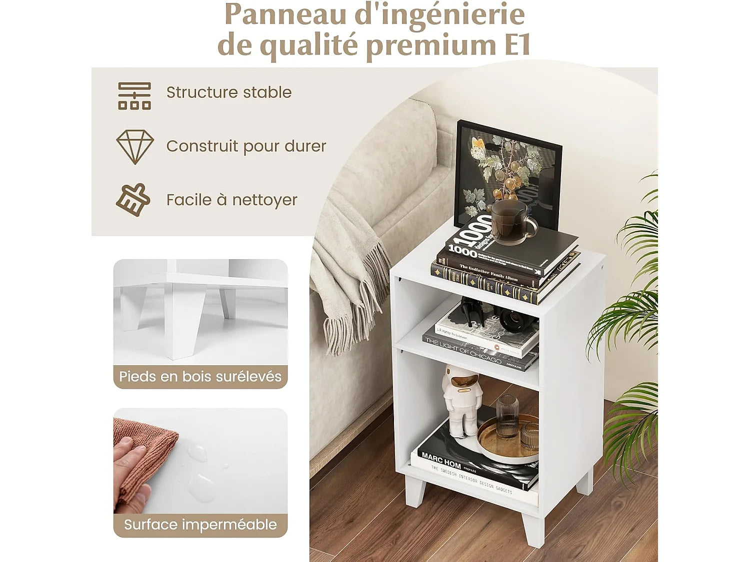 Bout de canapé étagère blanc en bois massif – NIVEO
