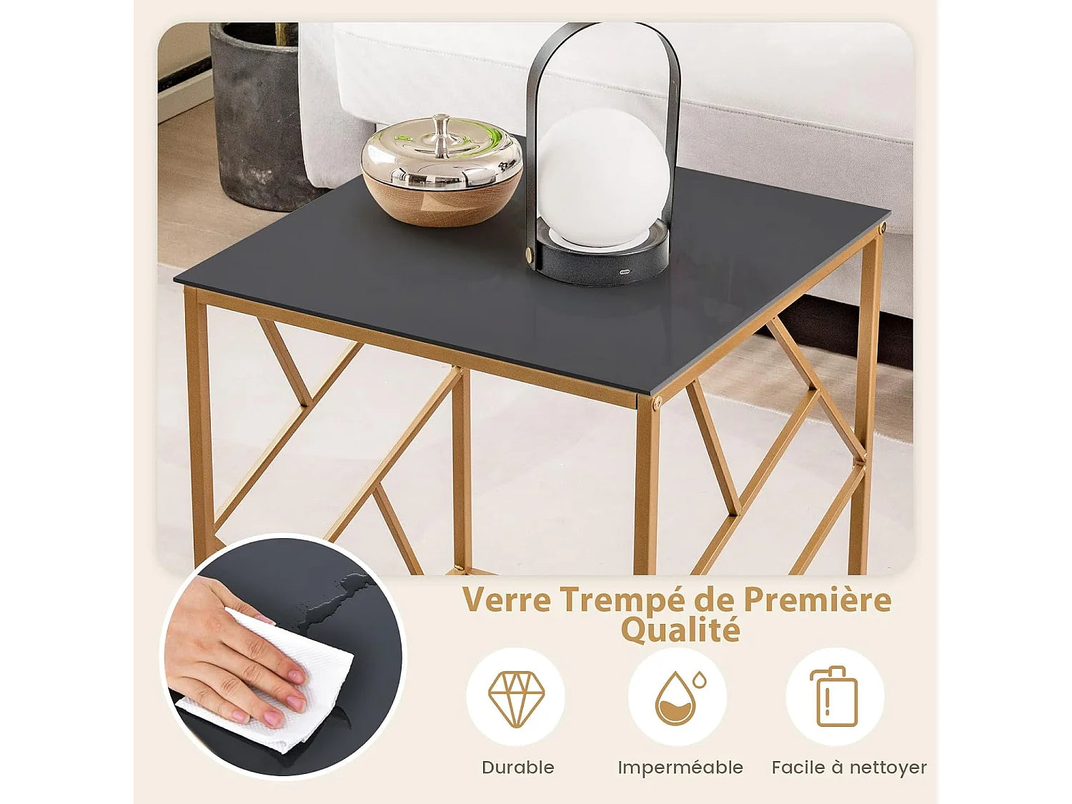 Bout de canapé carré verre trempé cadre doré – GEOMIA