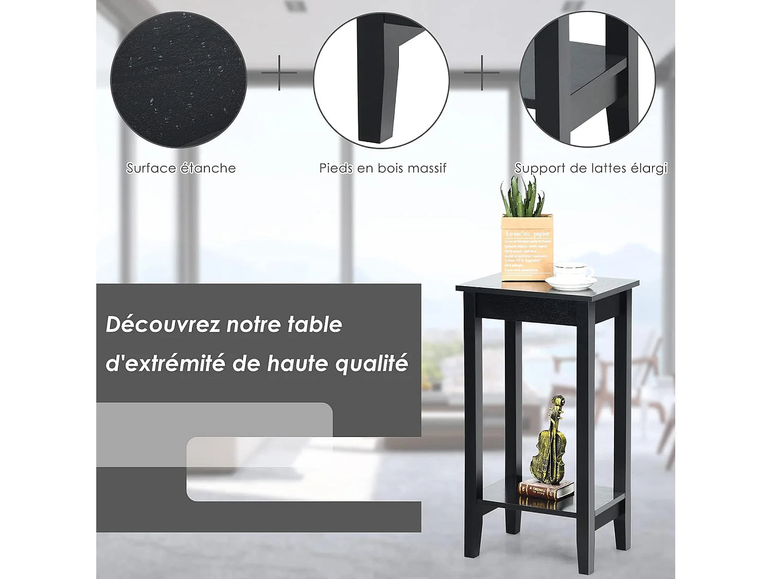 Bout de canapé noir double niveau pieds bois massif – ASKO