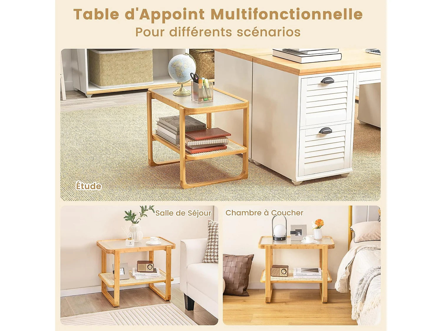 Bout de canapé rotin et verre esprit bohème – CALYPSO