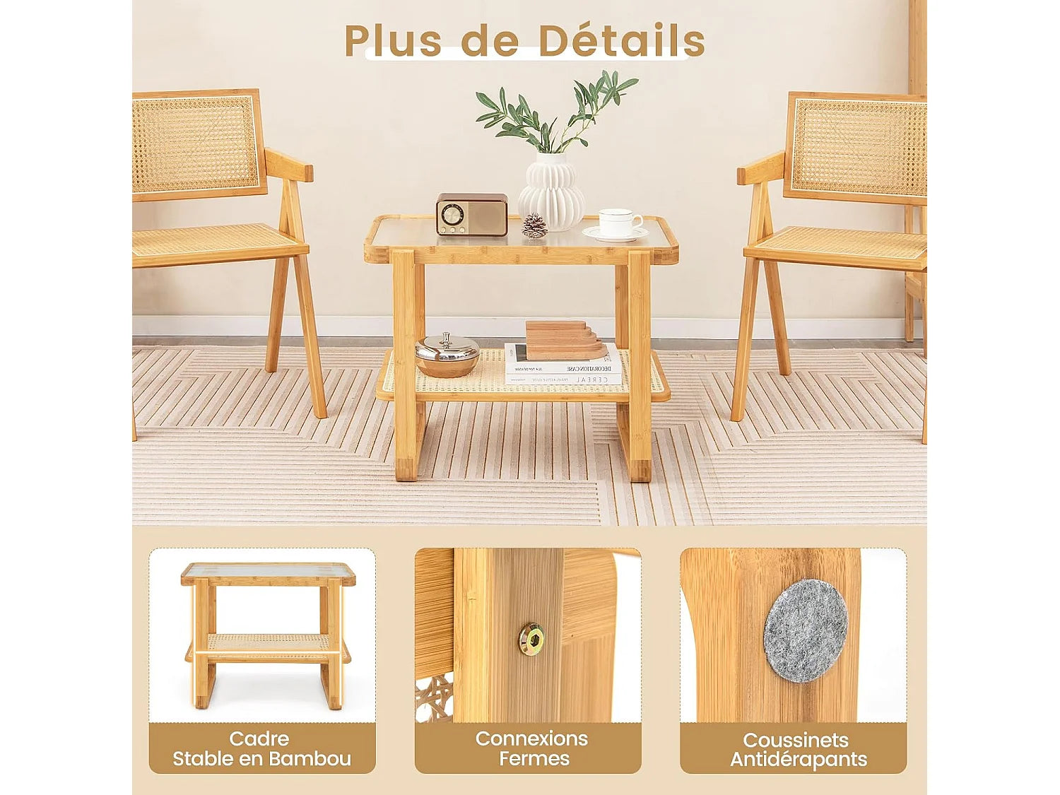 Bout de canapé rotin et verre esprit bohème – CALYPSO