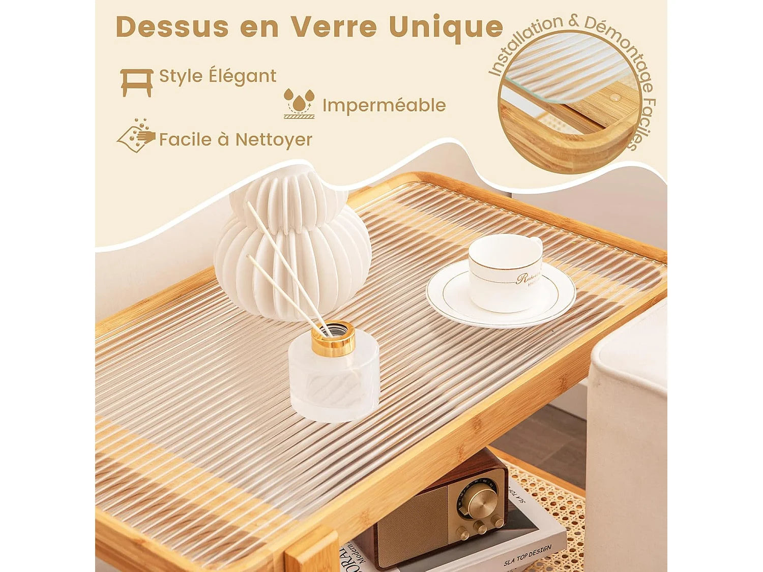 Bout de canapé rotin et verre esprit bohème – CALYPSO