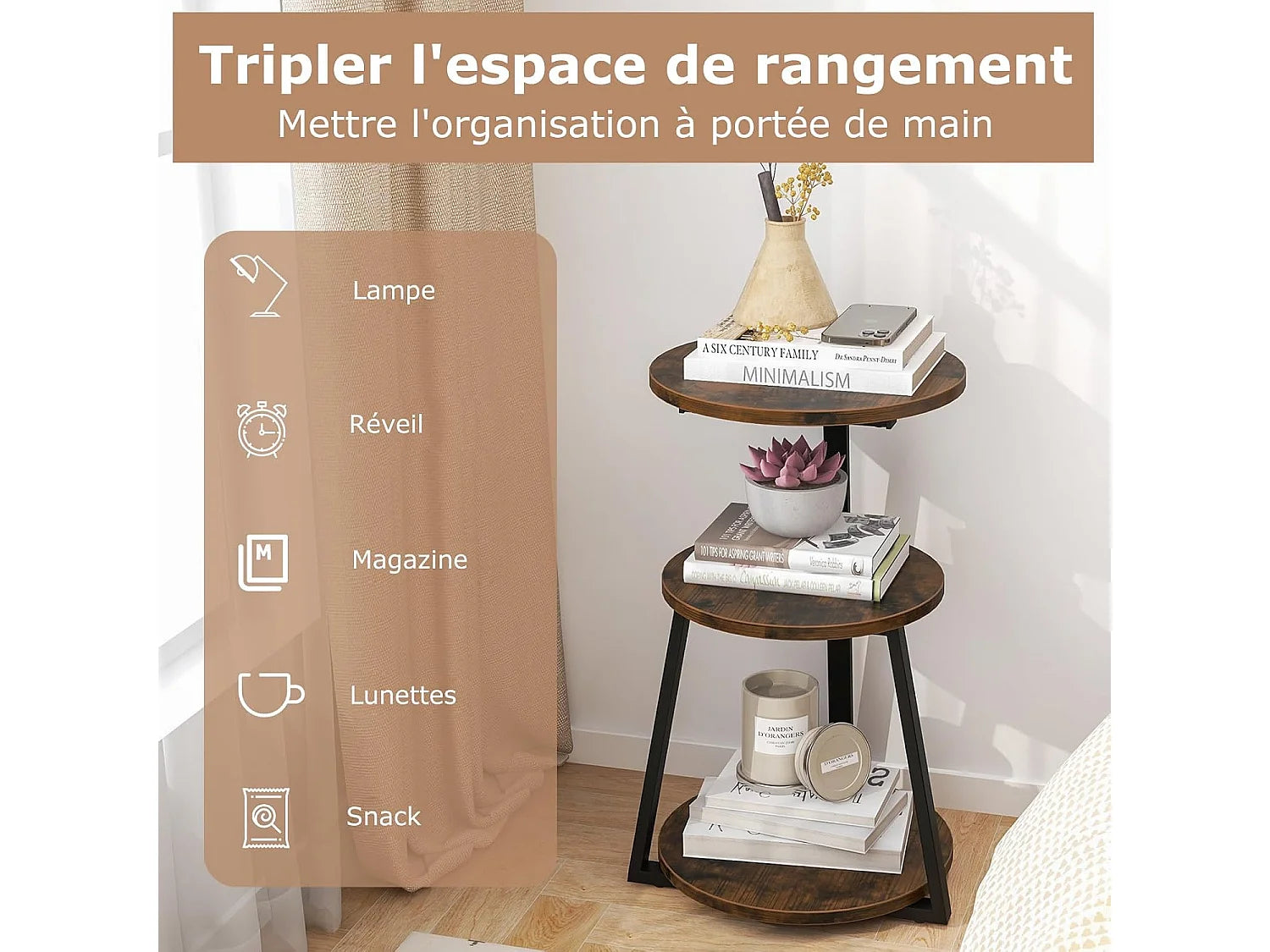 Bout de canapé 3 niveaux cadre métal marron – STRATE