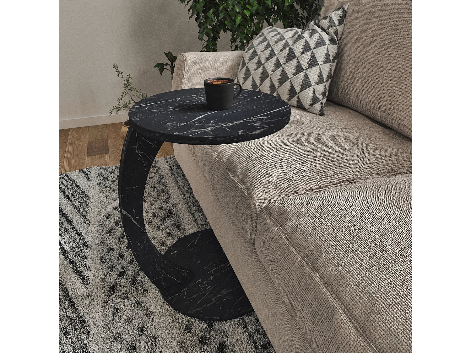 Bout de canapé rond effet marbre noir – ONYX