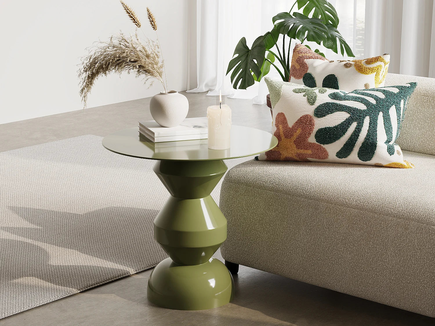 Bout de canapé rond en métal vert kaki – HEXANE