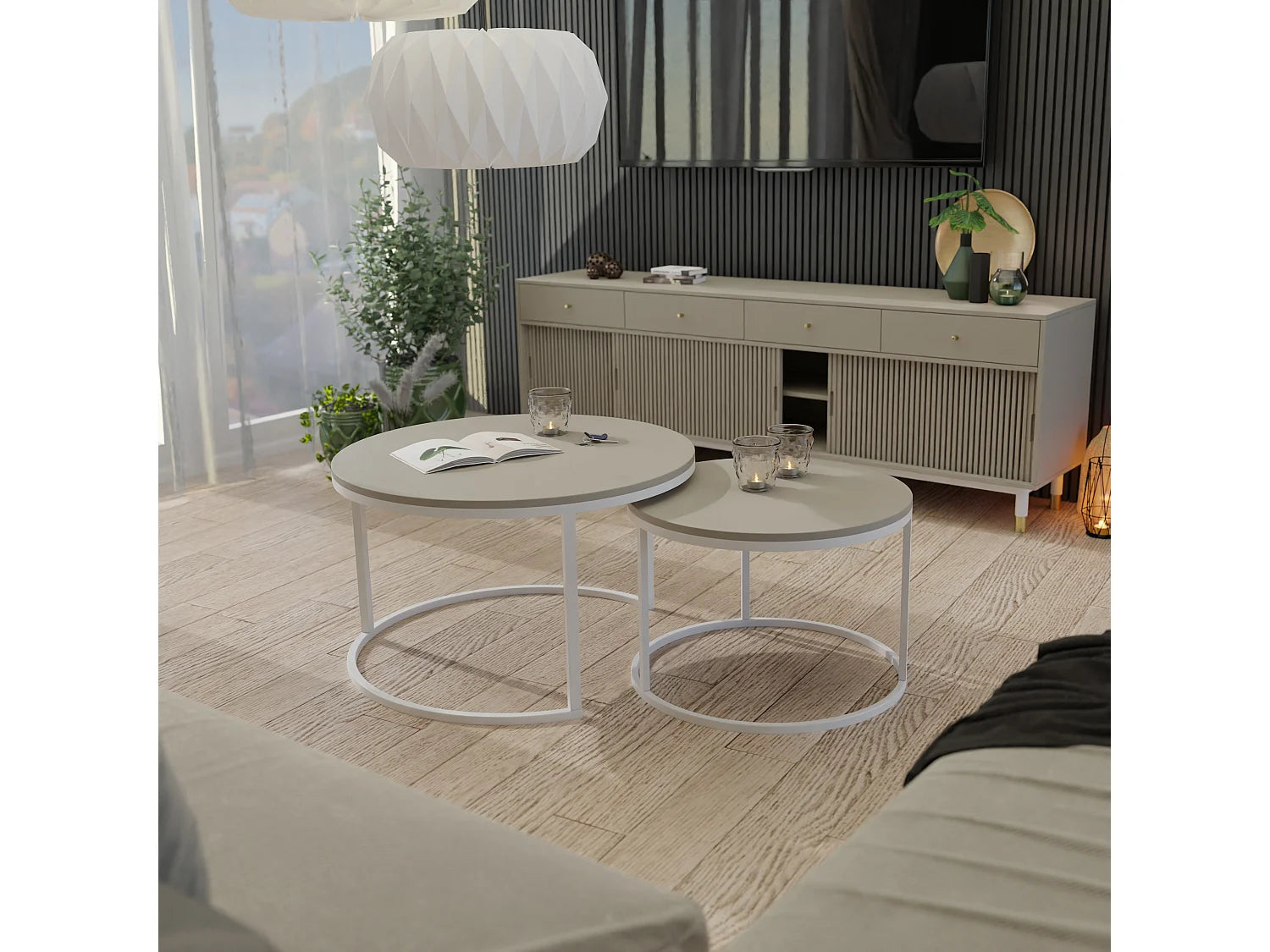 Bout de canapé rond beige 2 en 1 design – LAVANNE