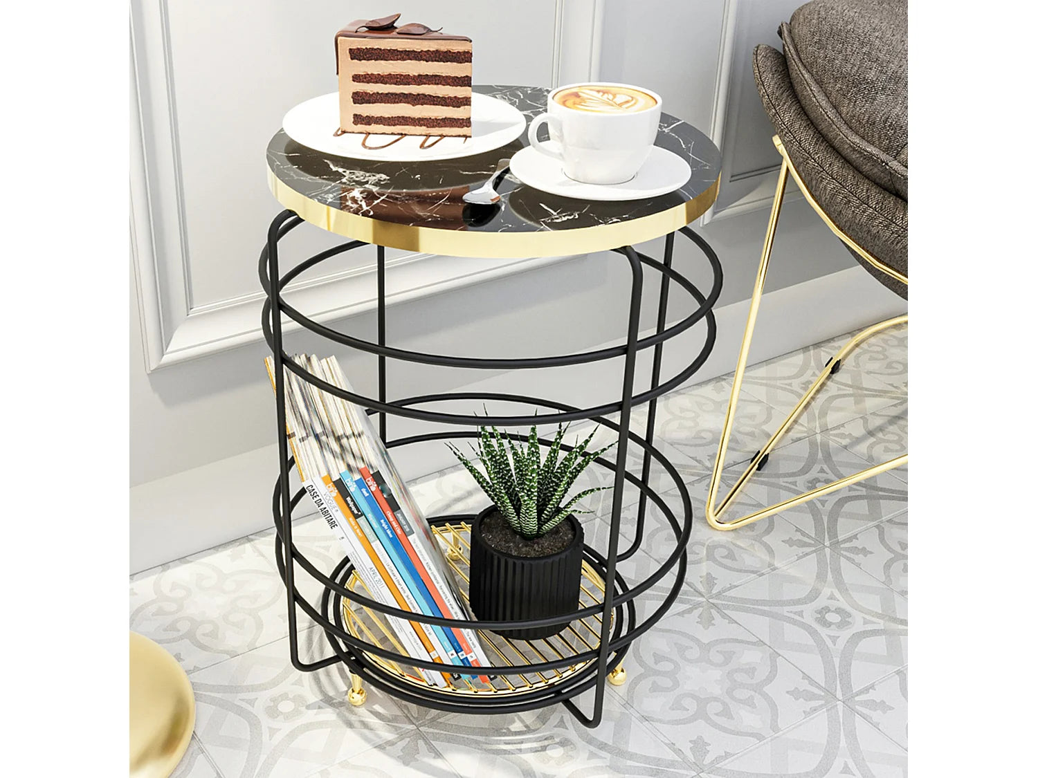 Bout de canapé effet marbre noir et or avec panier – PADASJOKI