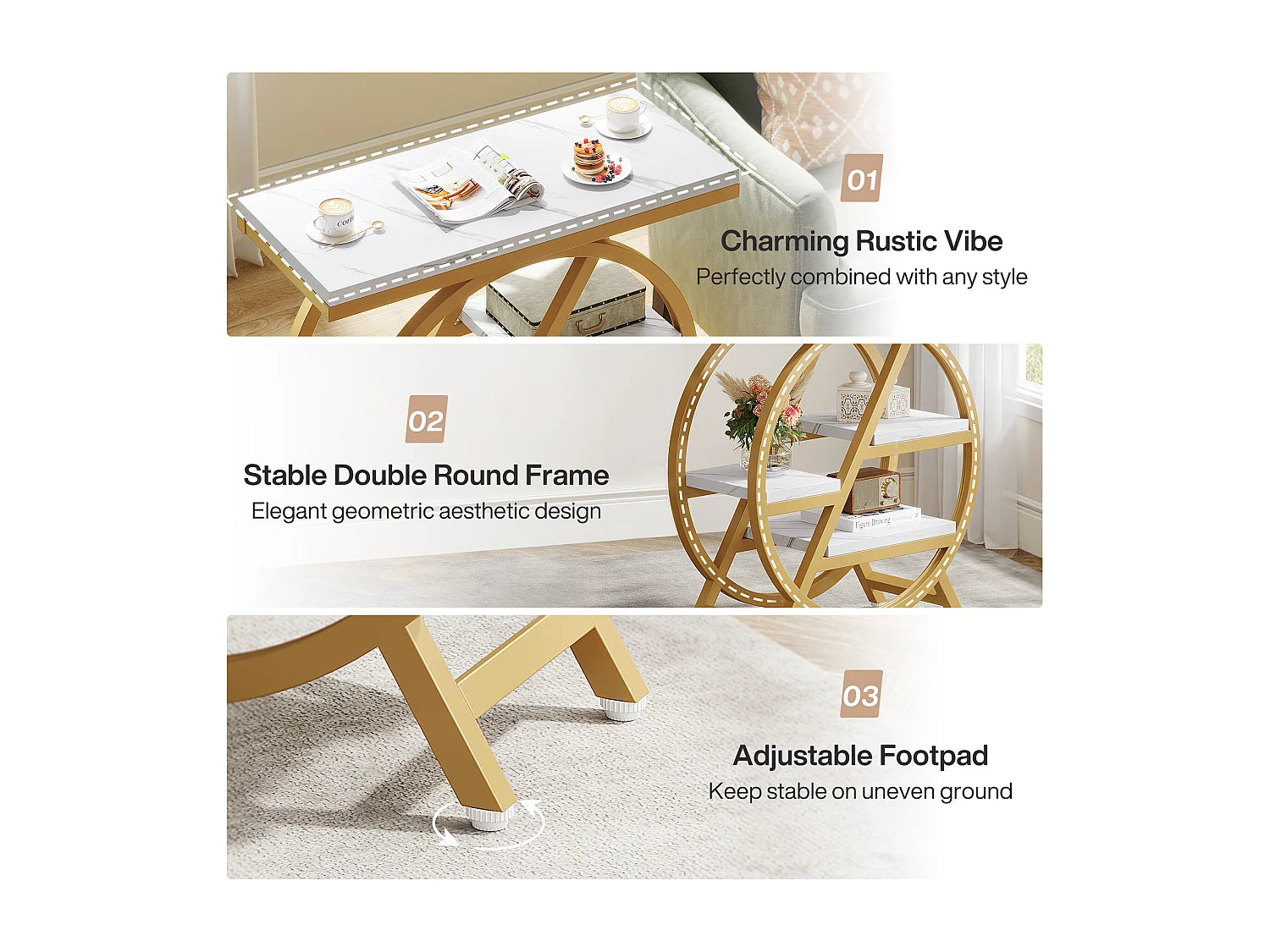 Bout de canapé étagère effet marbre et métal doré – MILANO