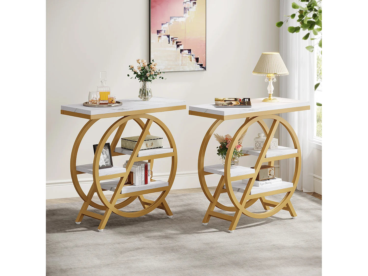 Bout de canapé étagère effet marbre et métal doré – MILANO