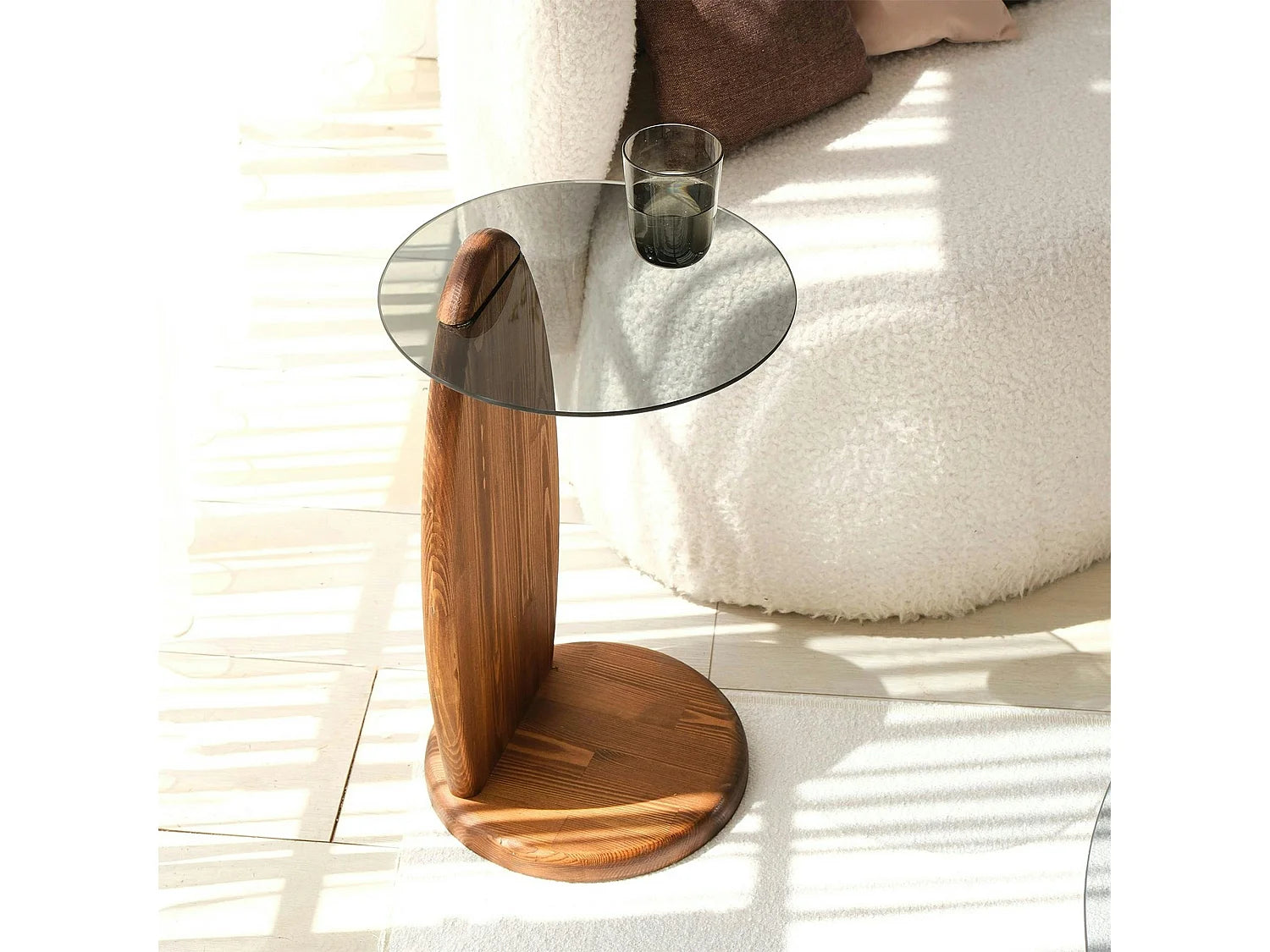 Bout de canapé rond bois et verre fumé beige – ANZIO