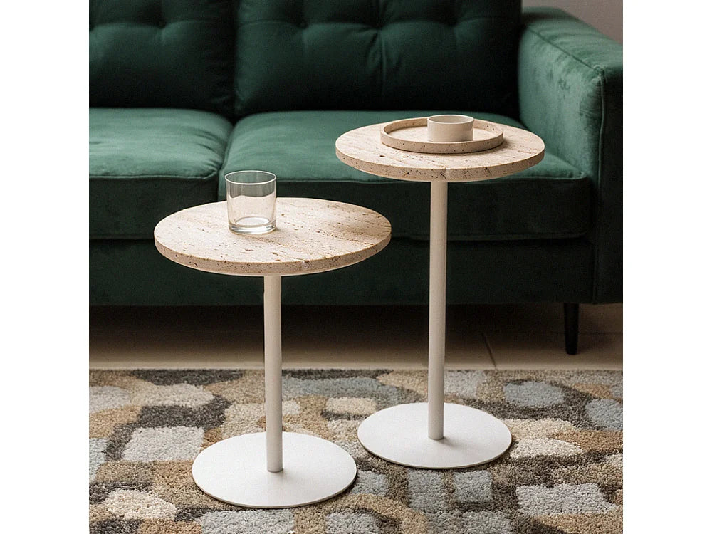 Bout de canapé rond travertin et métal beige – RITO