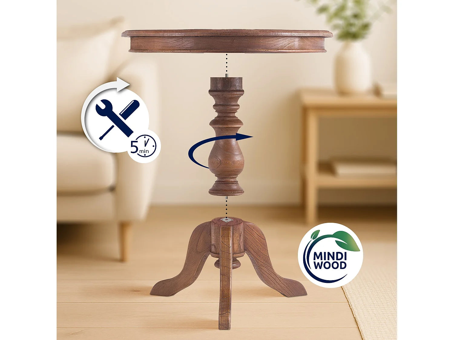 Bout de canapé rond en bois de mindi marron – WILDA