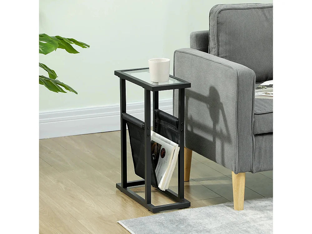 Bout de canapé étroit en verre trempé noir, porte-revues – SLIMO