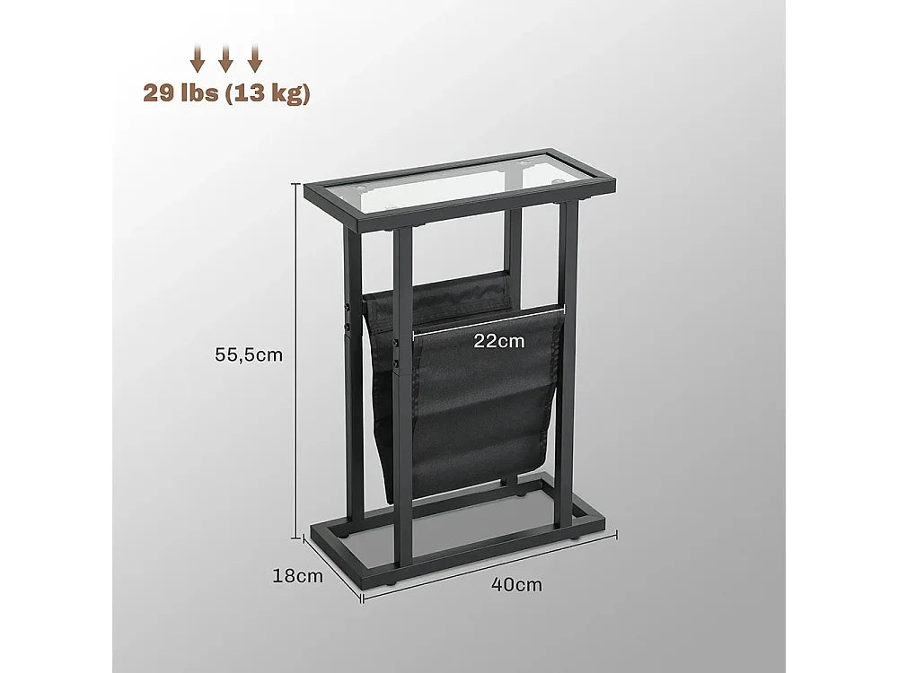 Bout de canapé étroit en verre trempé noir, porte-revues – SLIMO