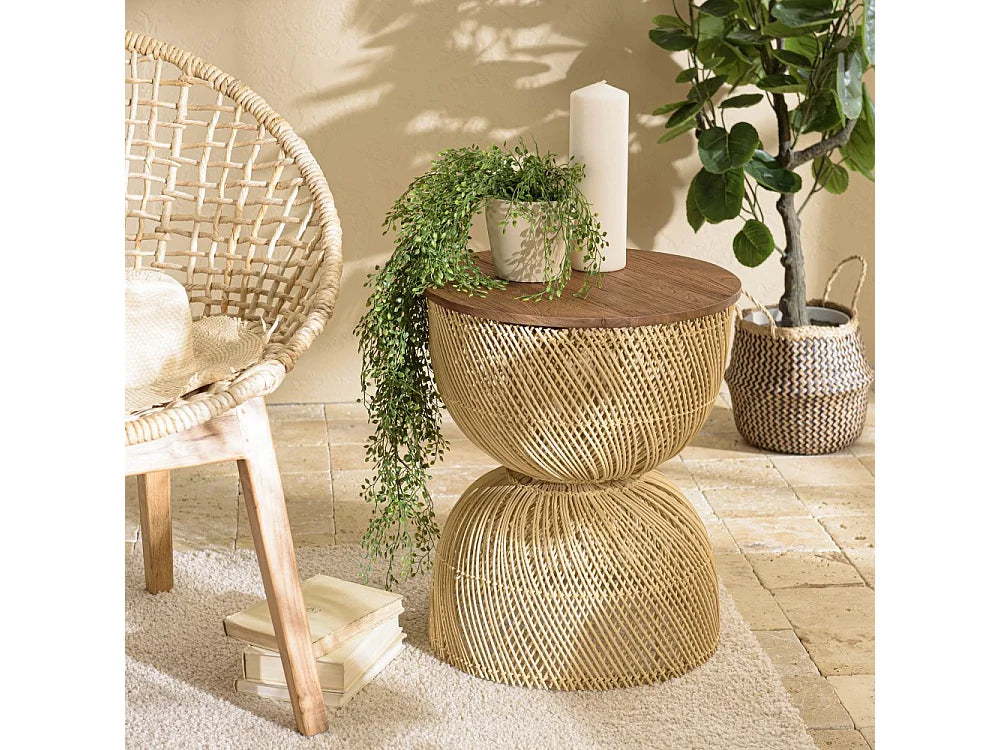 Bout de canapé rotin beige plateau teck recyclé – NALA