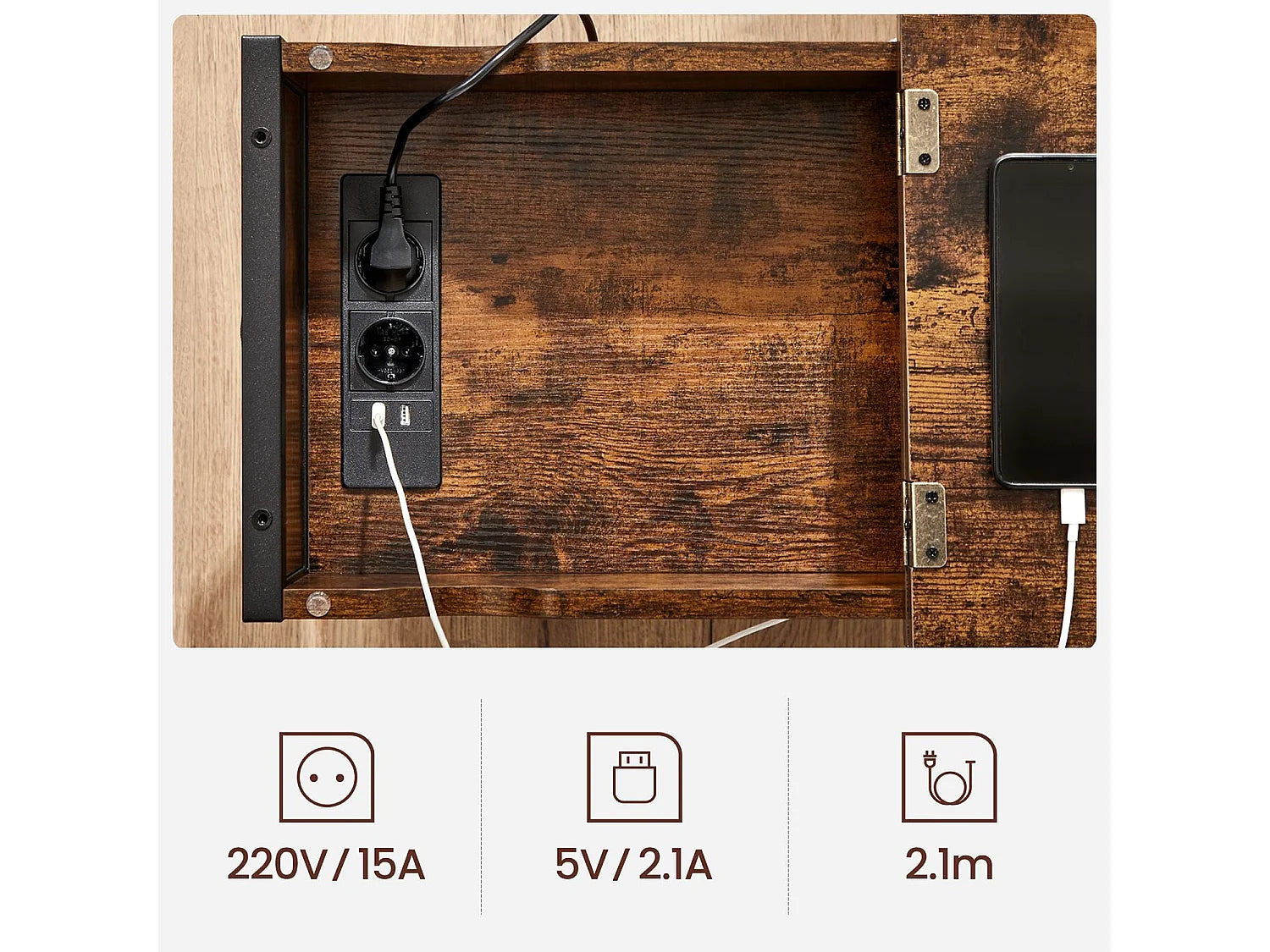 Bout de canapé pliant en acier marron avec USB – NOMADE
