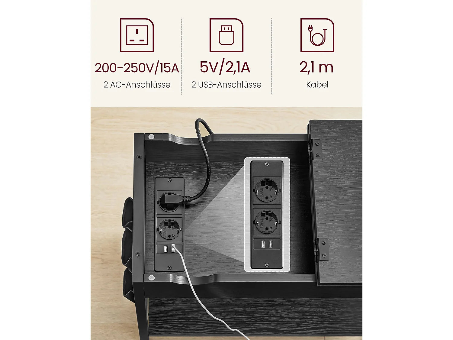 Bout de canapé en acier noir avec recharge USB – ELORA