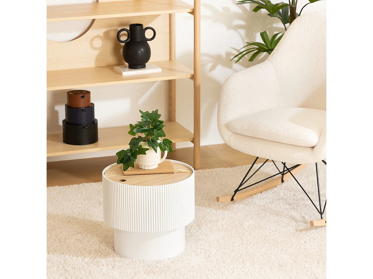 Bout de canapé coffre rond bois blanc – ENOLA