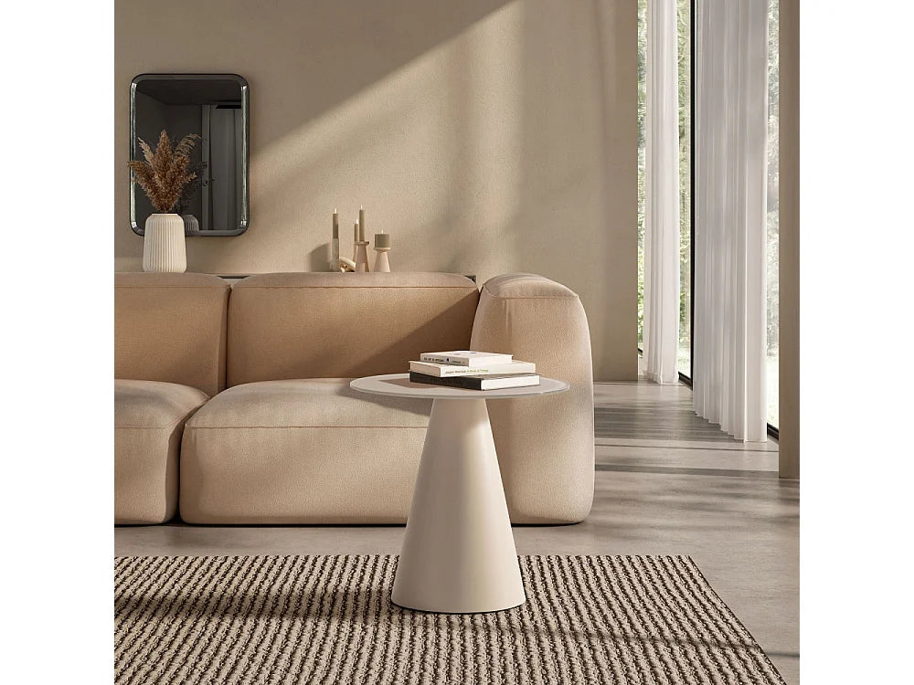 Bout de canapé rond verre trempé et métal beige – LUMEN
