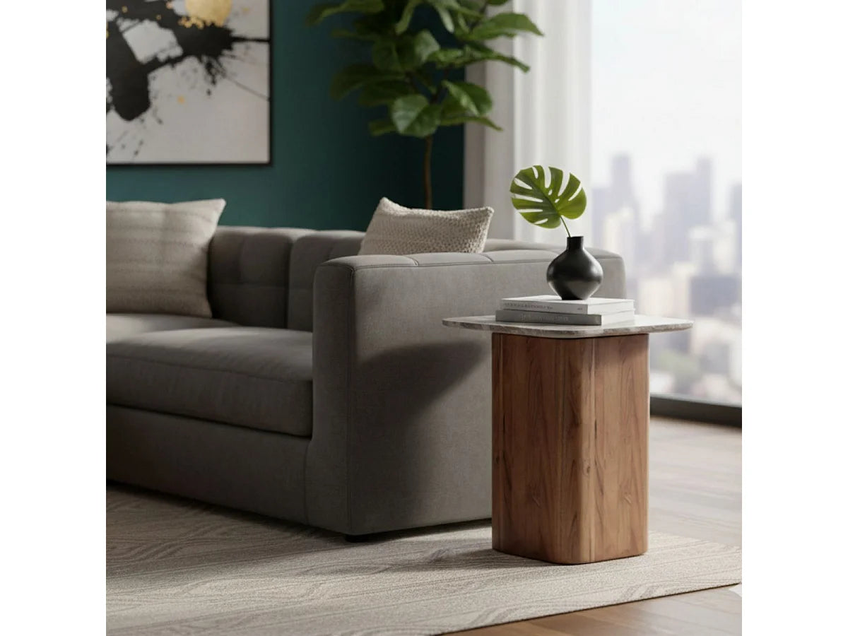 Bout de canapé marbre naturel et acacia – MARBÉA