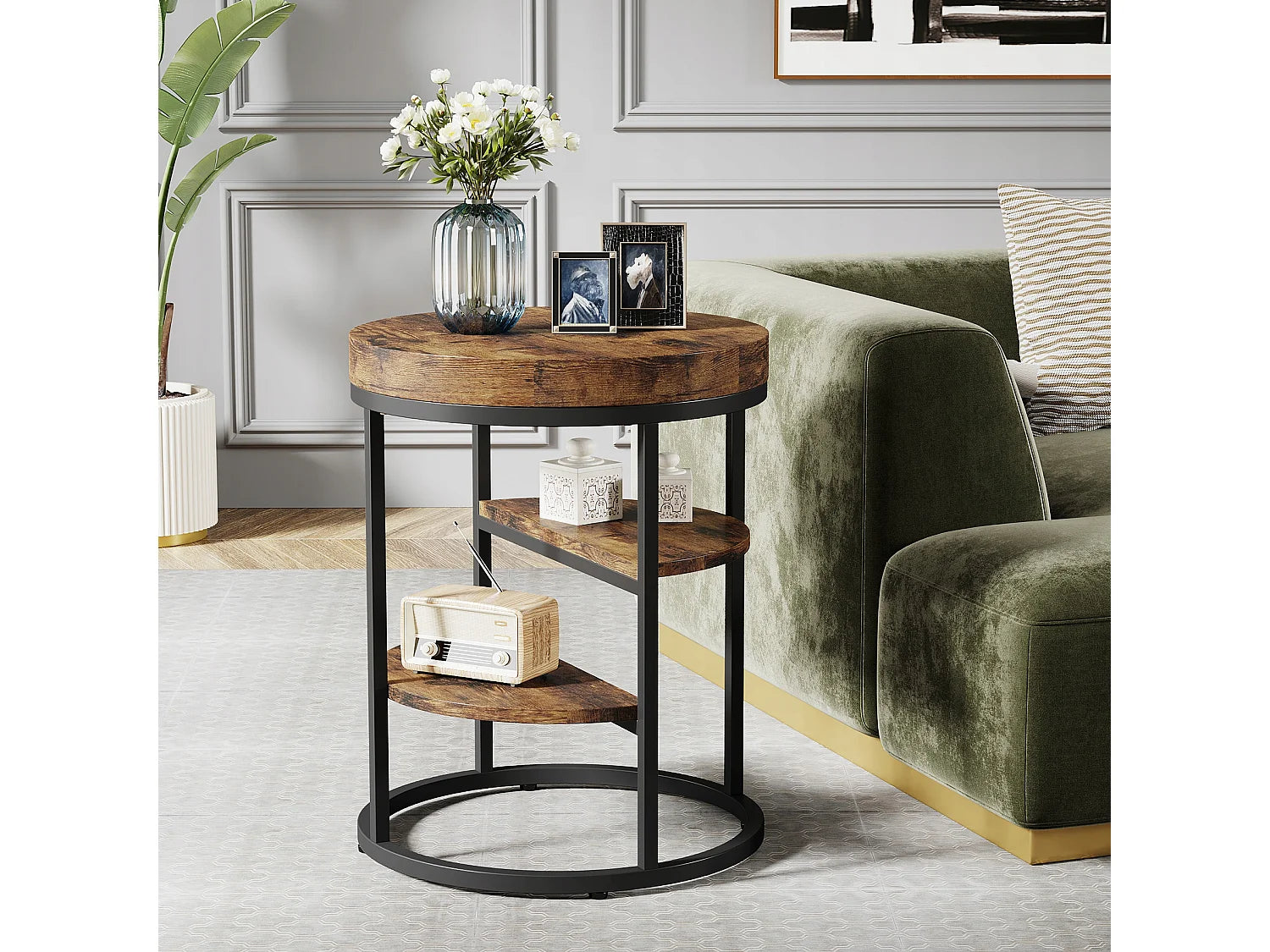 Bout de canapé rond industriel en verre marron – FORGE