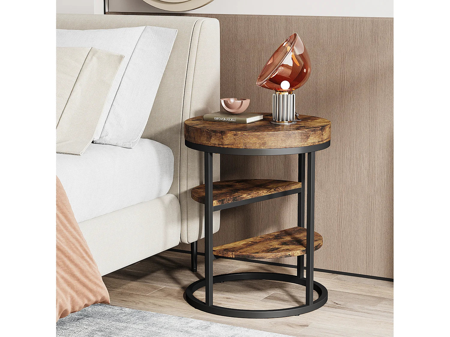 Bout de canapé rond industriel en verre marron – FORGE