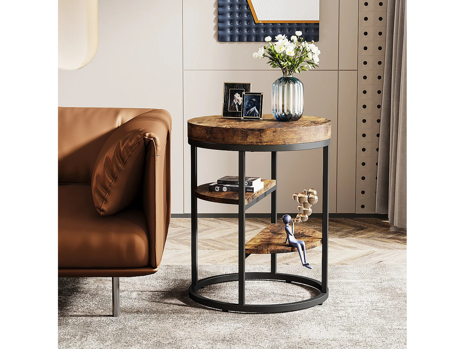 Bout de canapé rond industriel en verre marron – FORGE