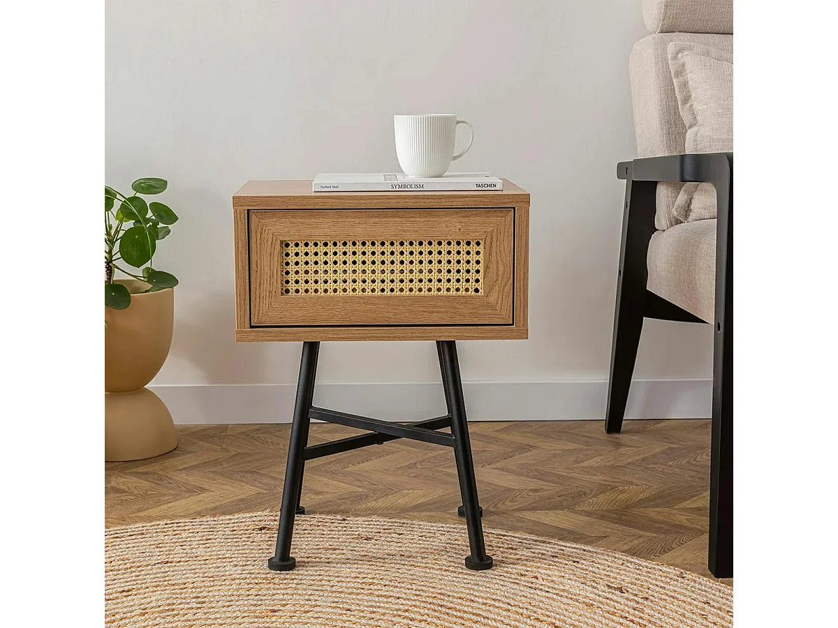 Bout de canapé cannage à tiroir décor bois beige – JENILA