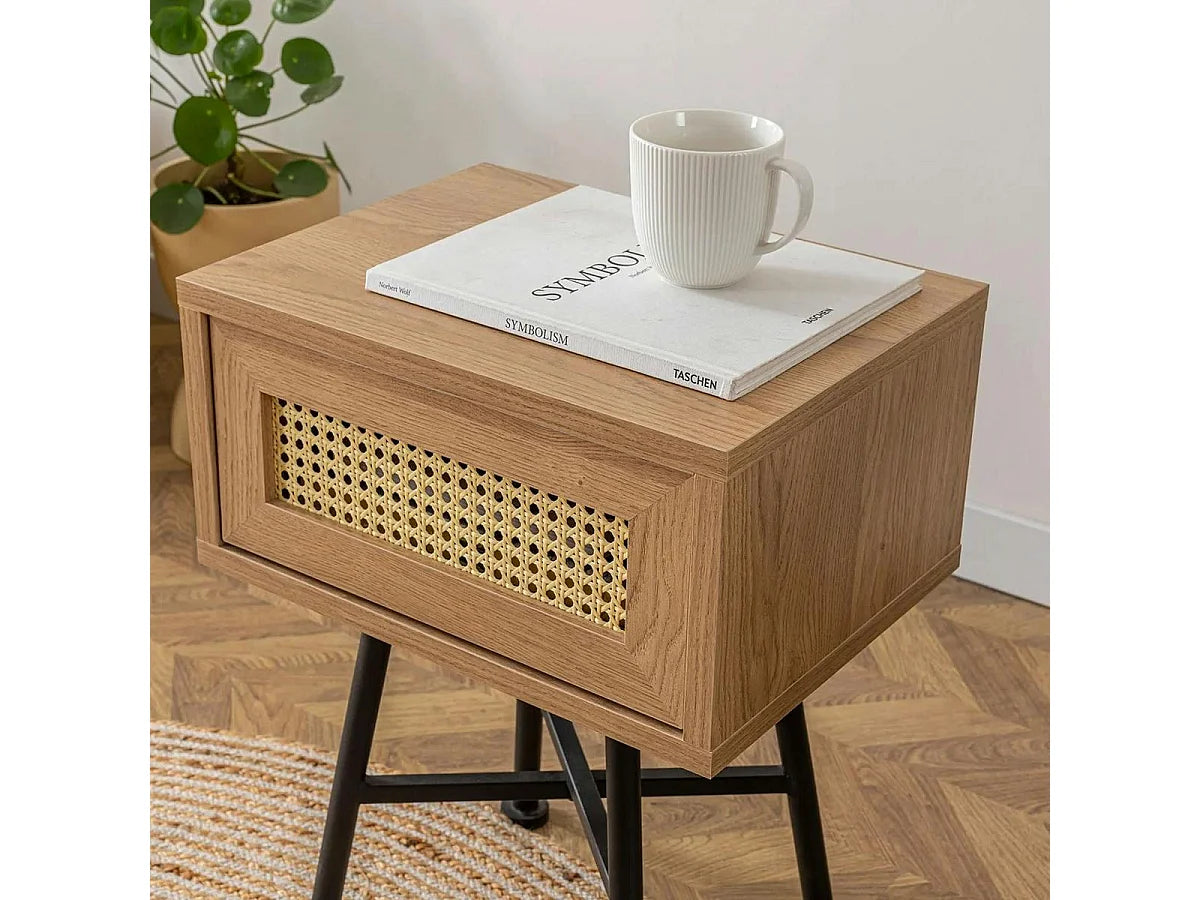 Bout de canapé cannage à tiroir décor bois beige – JENILA