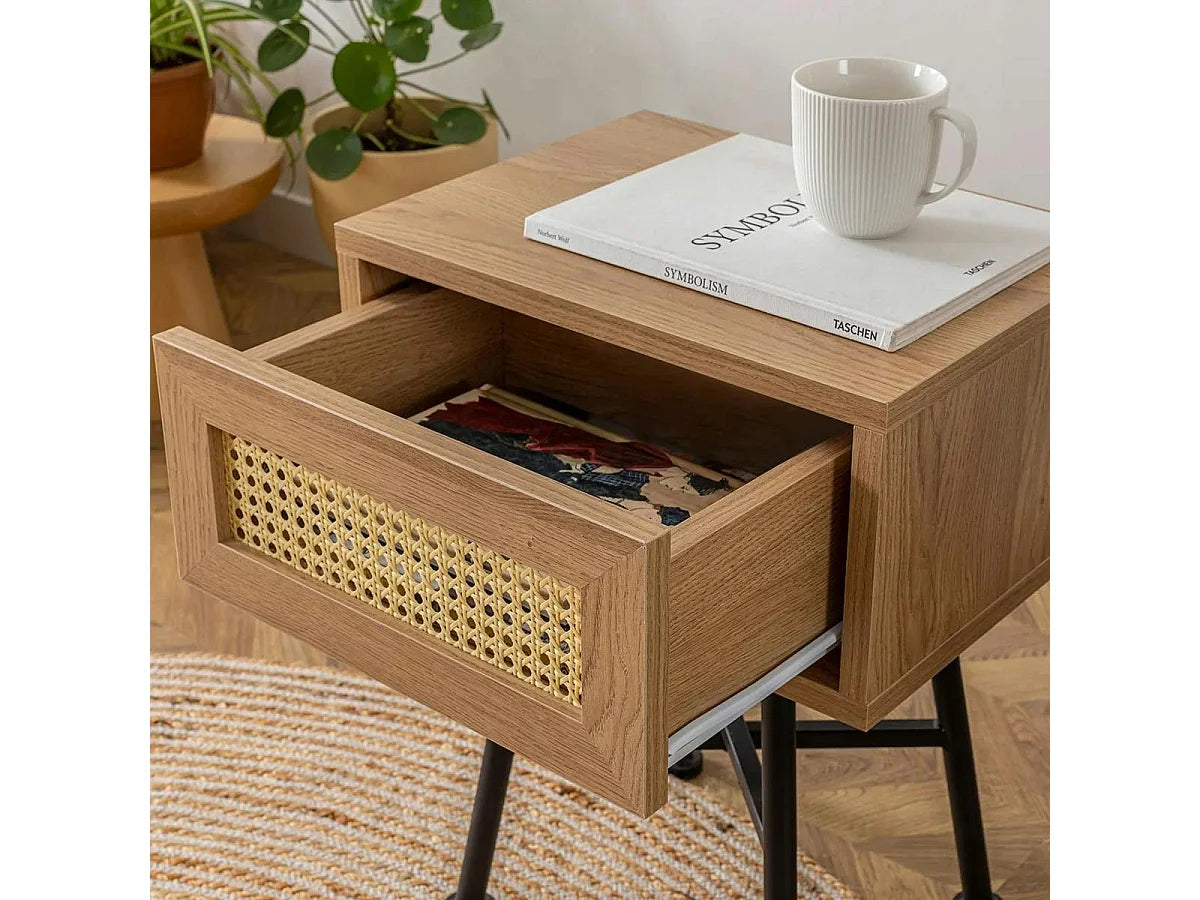 Bout de canapé cannage à tiroir décor bois beige – JENILA