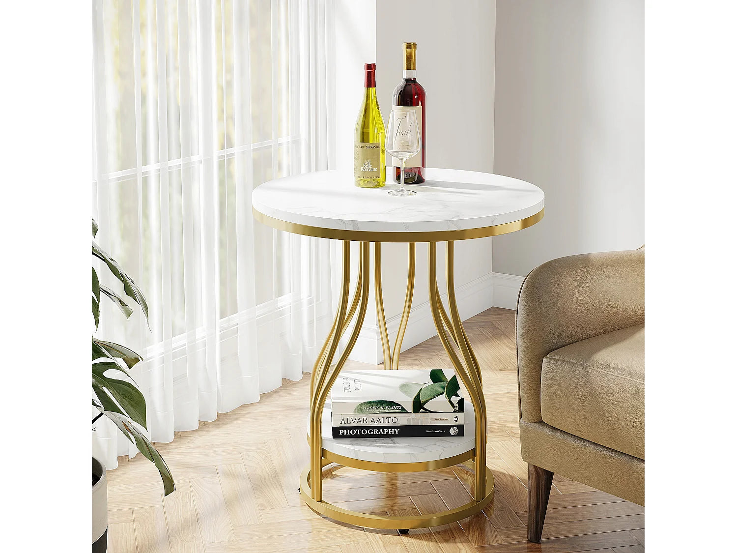 Bout de canapé rond en marbre blanc et or – LUMINA