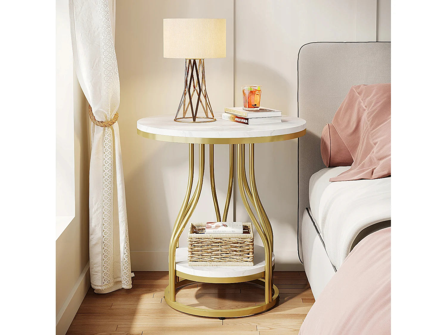Bout de canapé rond en marbre blanc et or – LUMINA