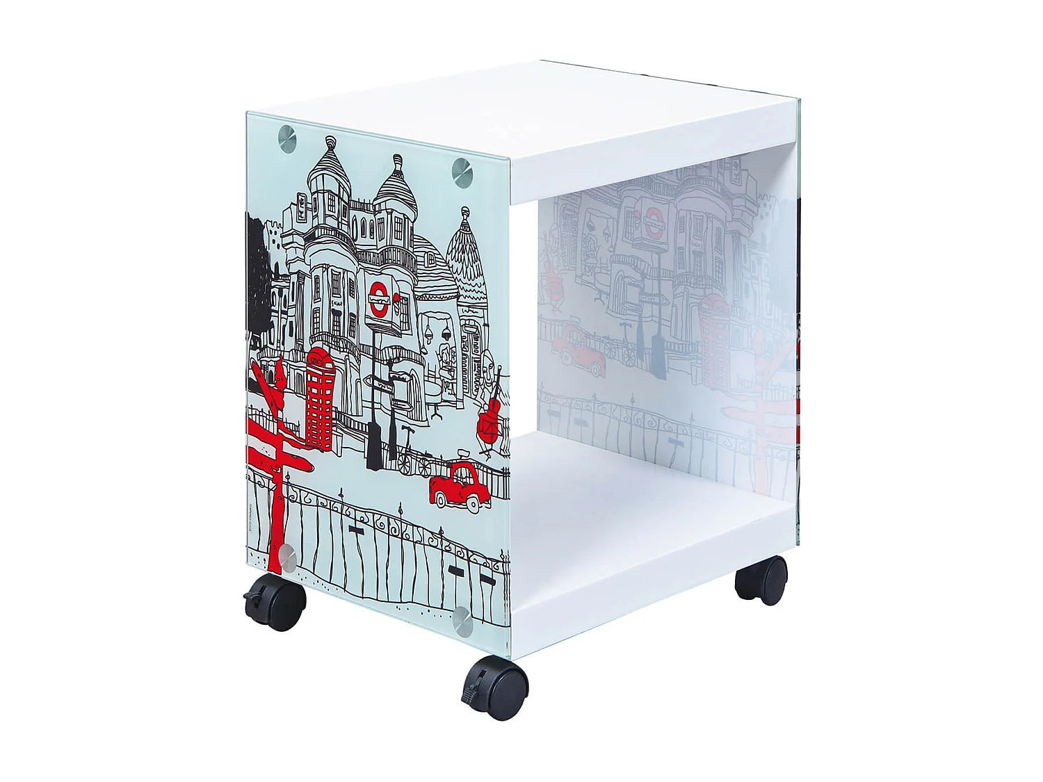 Bout de canapé à roulettes verre motif blanc – LONDA