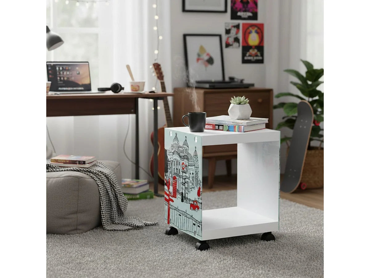 Bout de canapé à roulettes verre motif blanc – LONDA