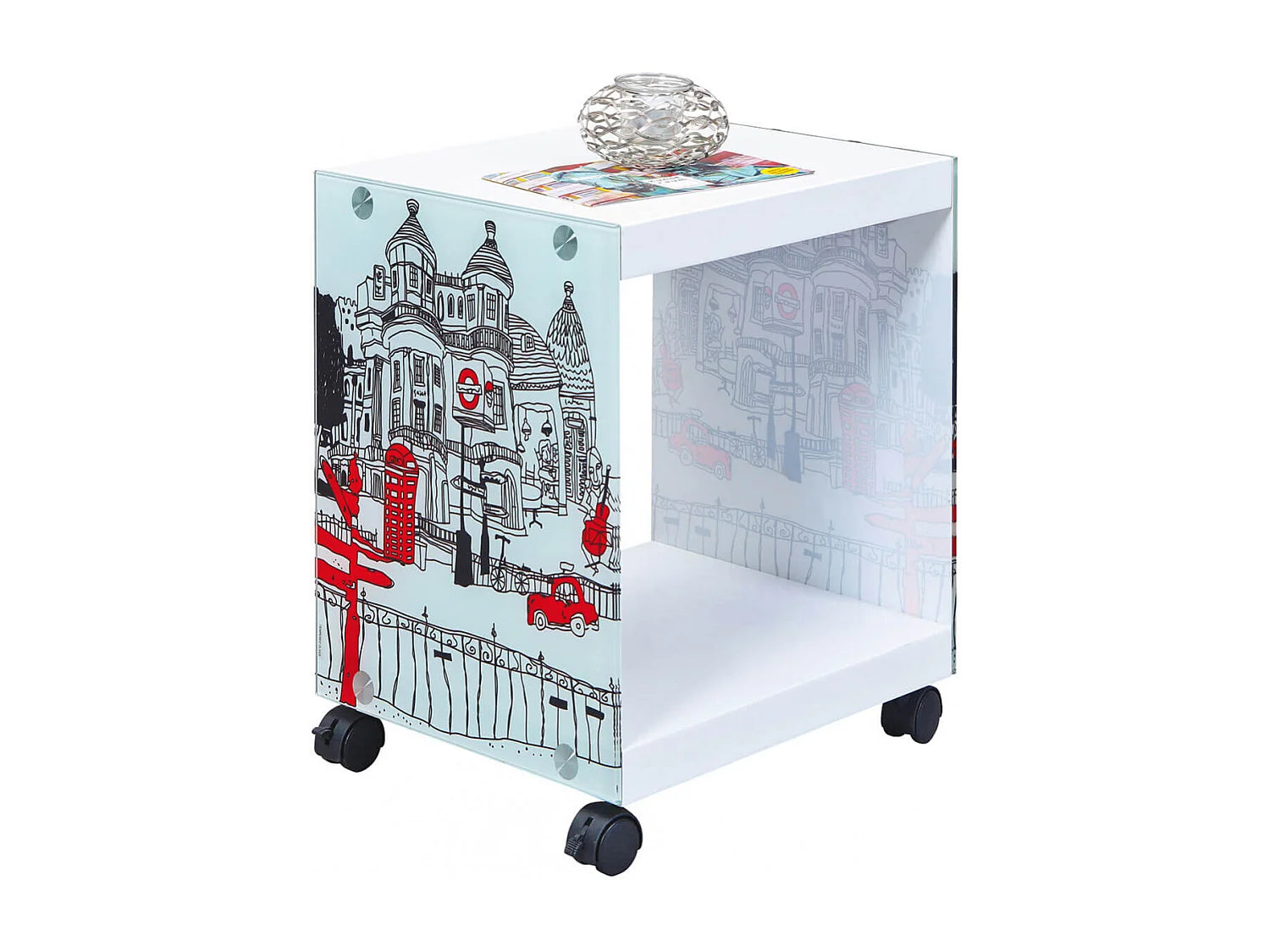 Bout de canapé à roulettes verre motif blanc – LONDA