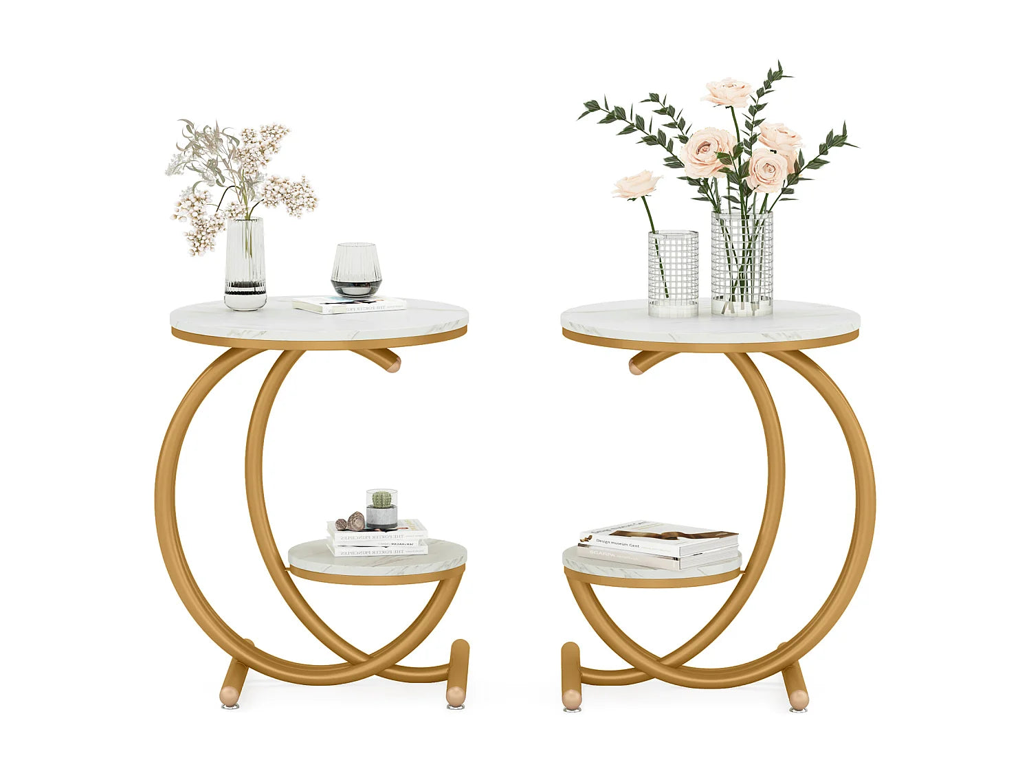 Bout de canapé rond marbre blanc et doré – LUNA
