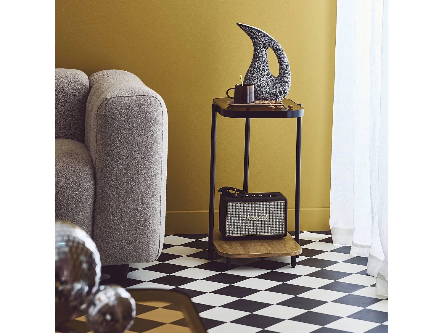 Bout de canapé vintage verre et décor bois bords arrondis – RETZO