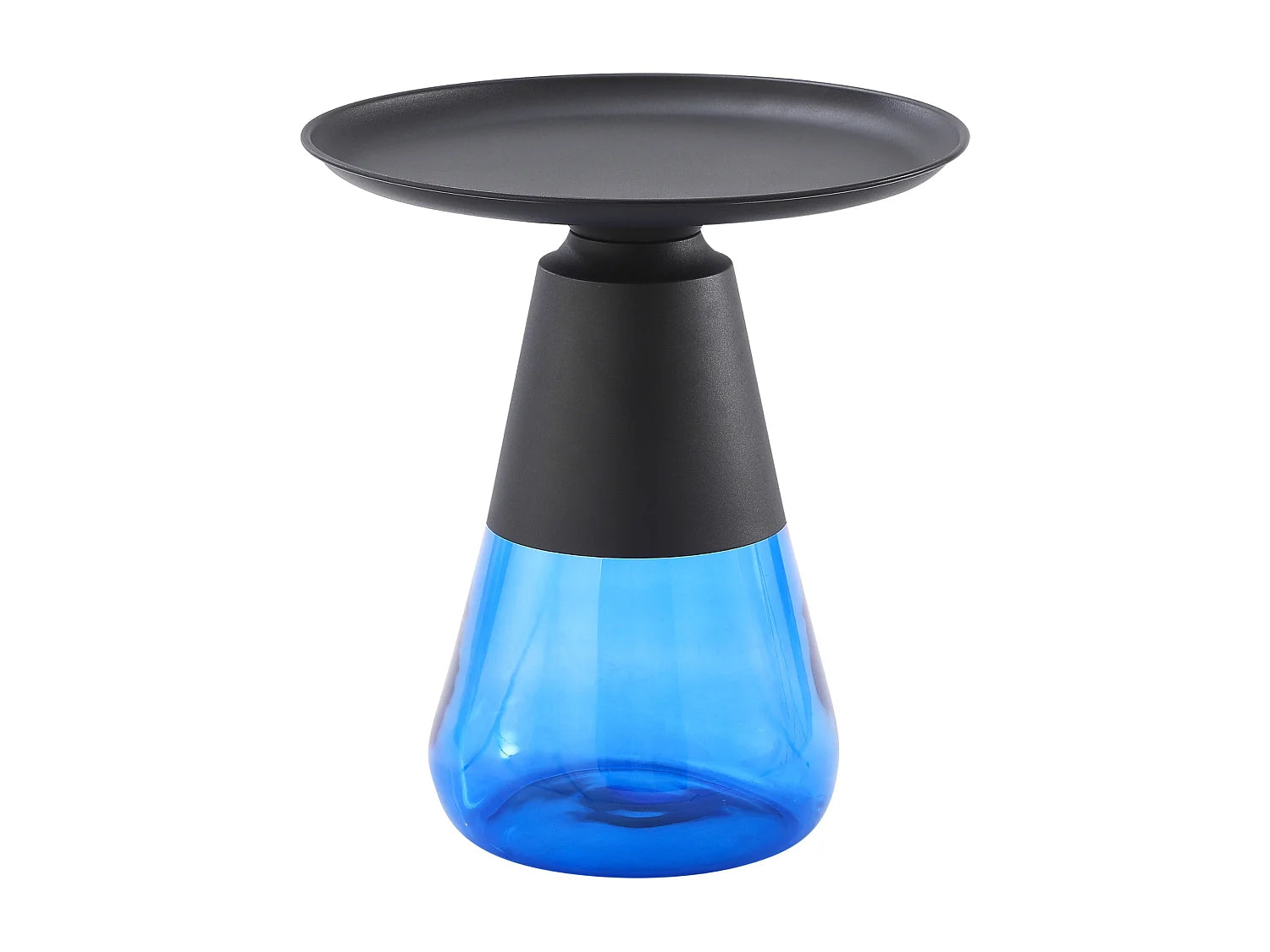 Bout de canapé rond plateau métal base verre bleu – AZURIA