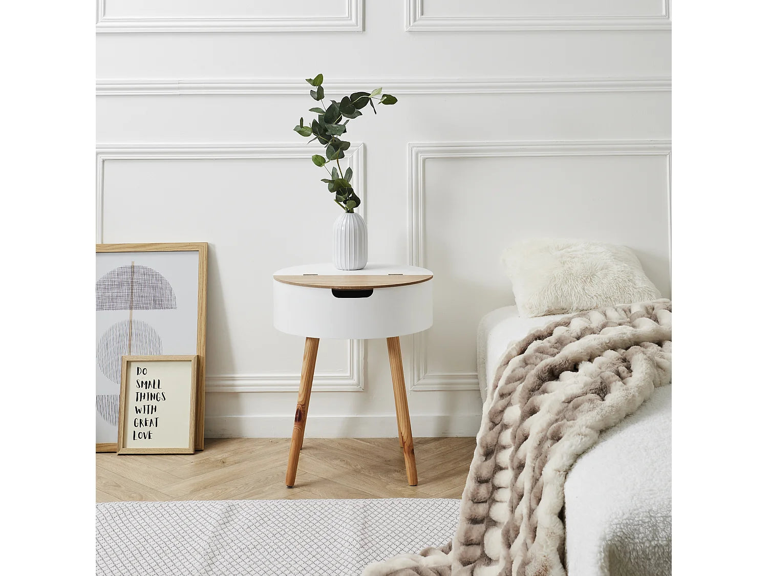 Bout de canapé coffre scandinave blanc et beige – NOVAK