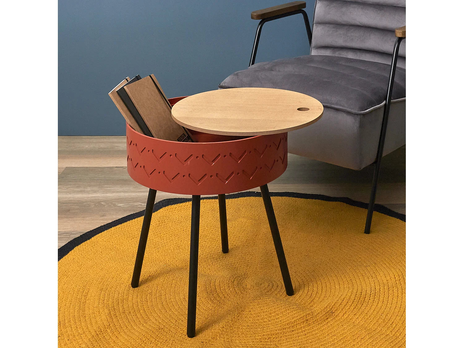 Bout de canapé coffre scandinave rouge et bois – CERISE