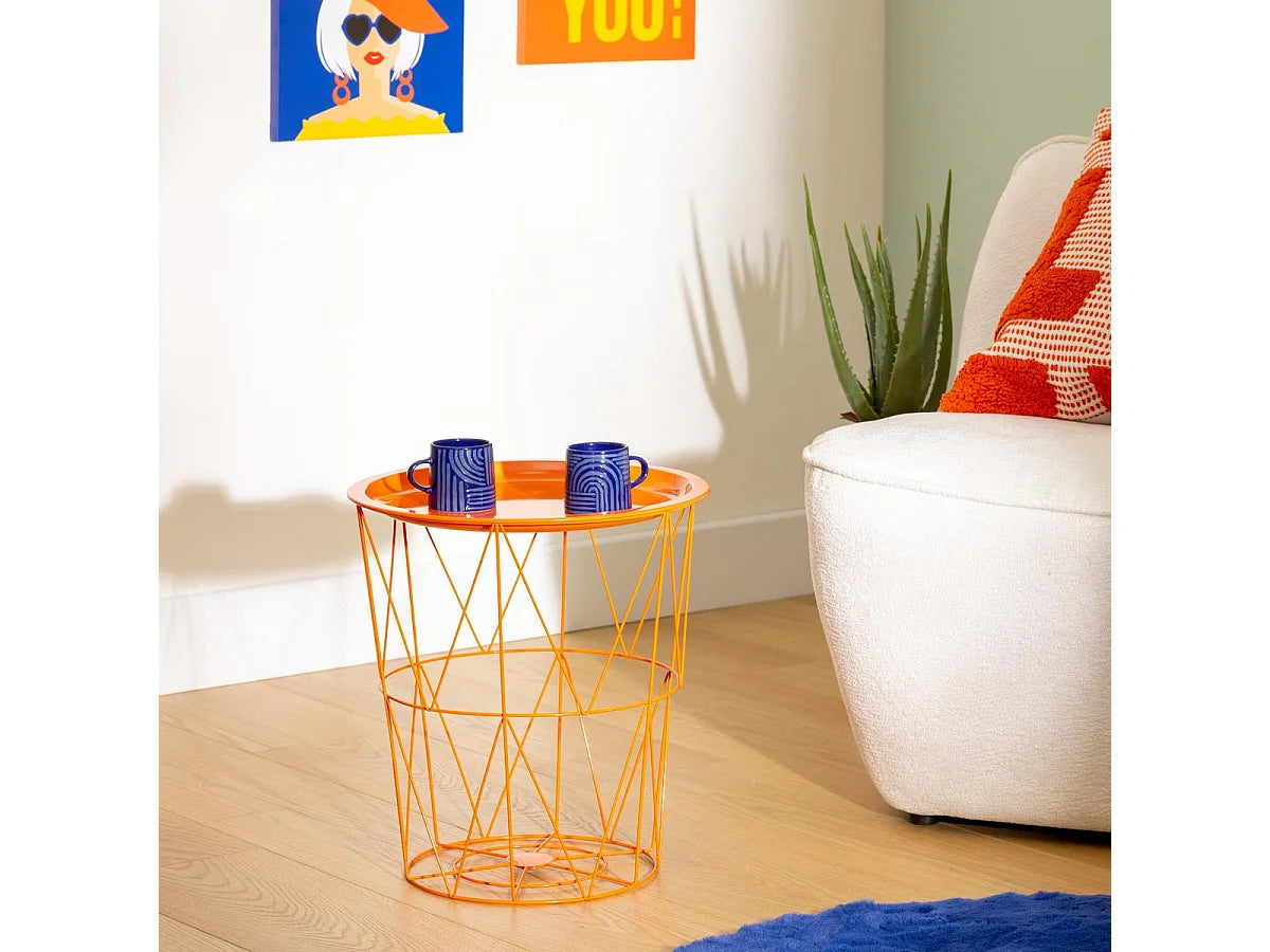 Bout de canapé rond en métal orange avec coffre – ZESTO