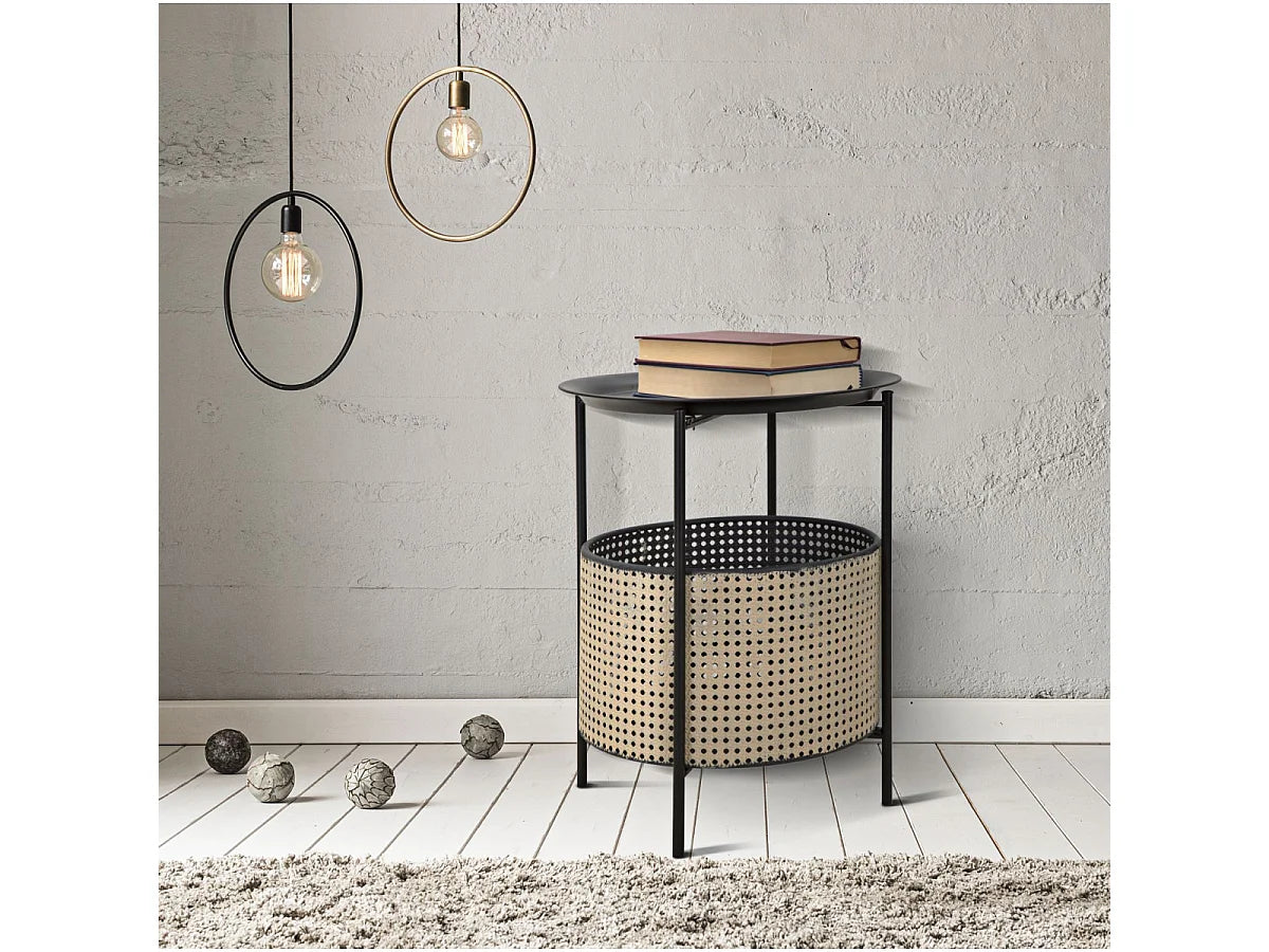 Bout de canapé rond métal noir panier cannage – OSARA
